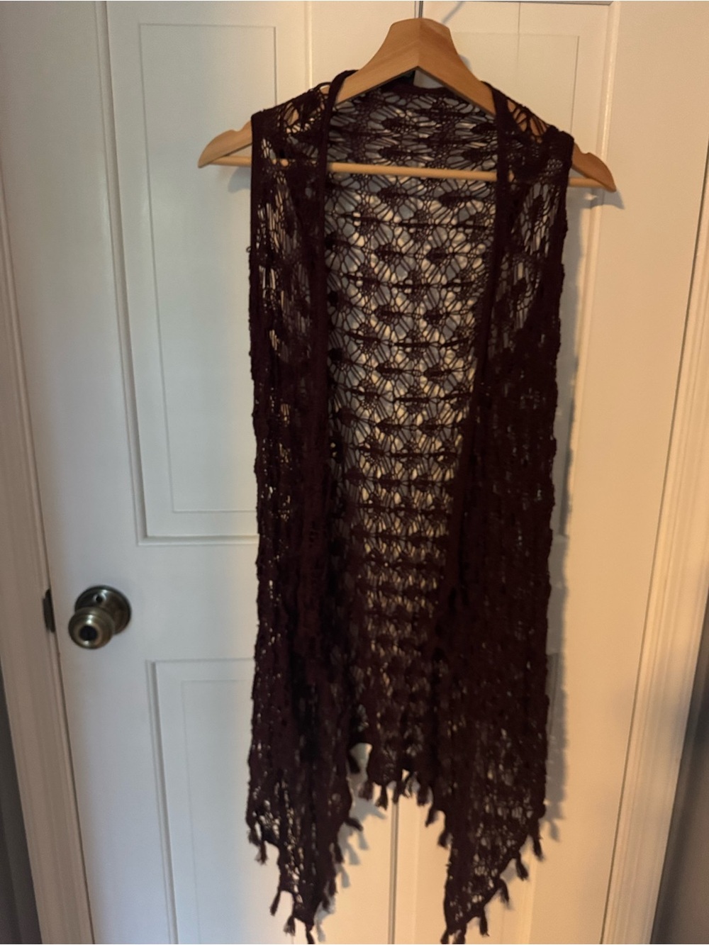 Rue 21 Open Knit Long Plum Crochet Vest 60% Cotton Sz S Boho-chic Layer Fall